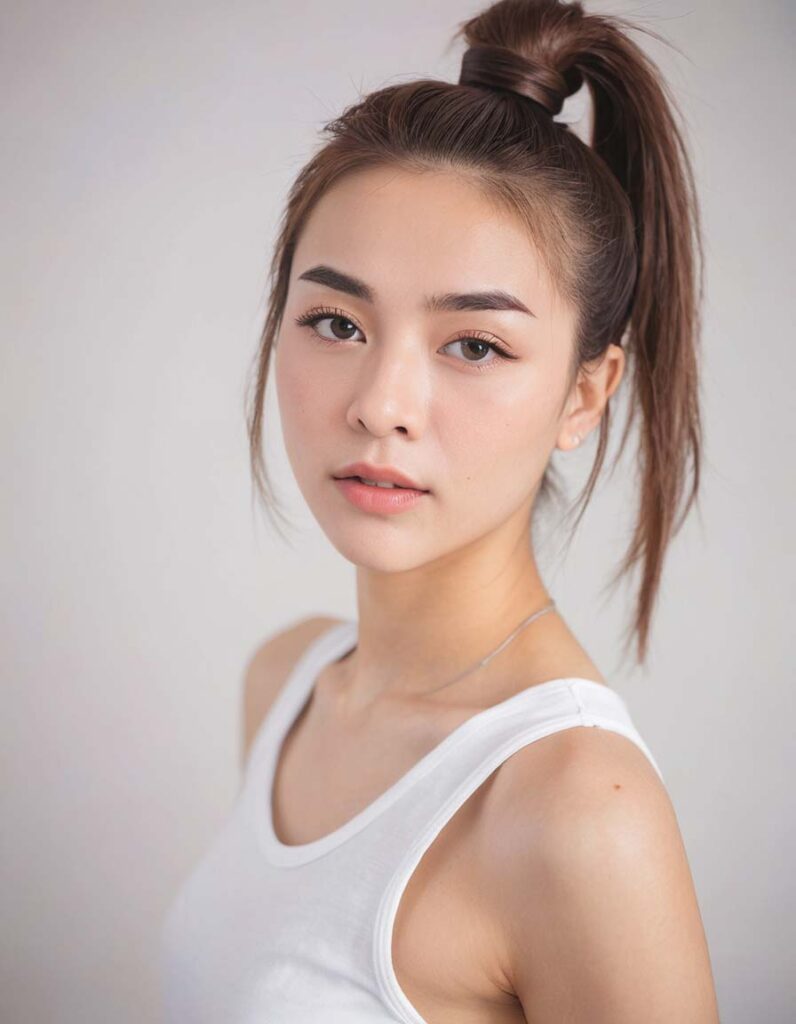 Portrait MagMix Girl look at camera, Top knot, tank top, white background