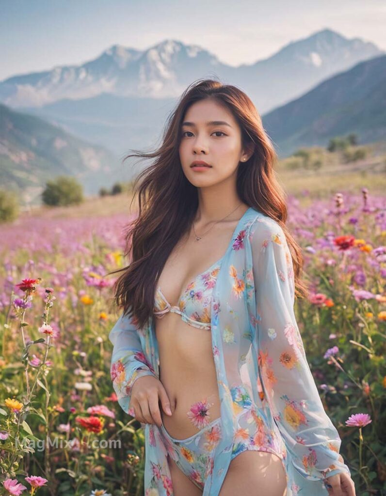in a field of colorful flowers with mountains in the background