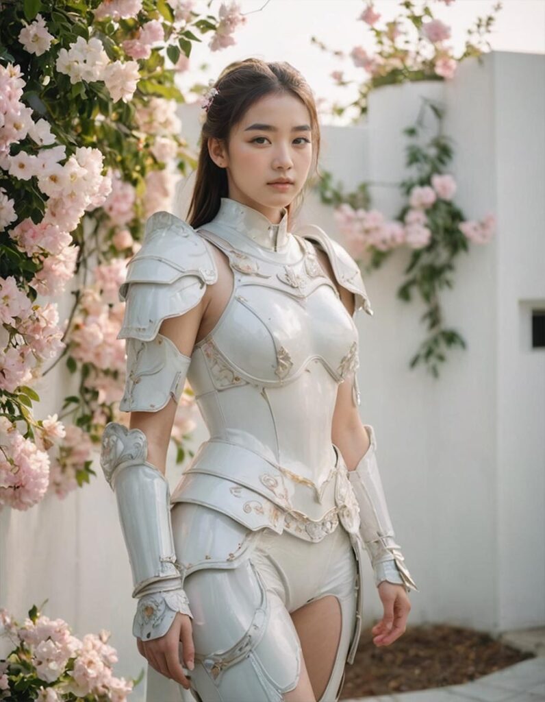 photo of a beautiful 18 year old MagMix Girl wearing fantastic white armor