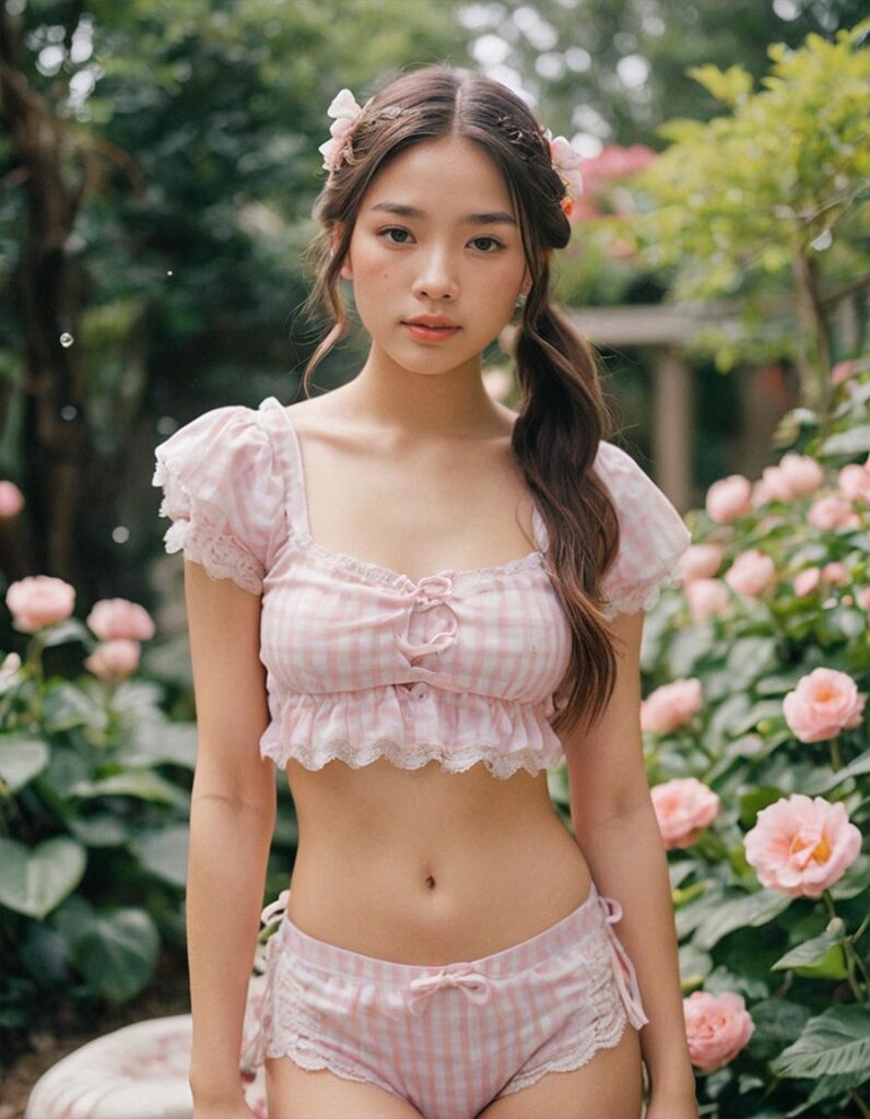 Girl with medium pigtail hair, wearing a pink and white checkered top with lace and ribbon details