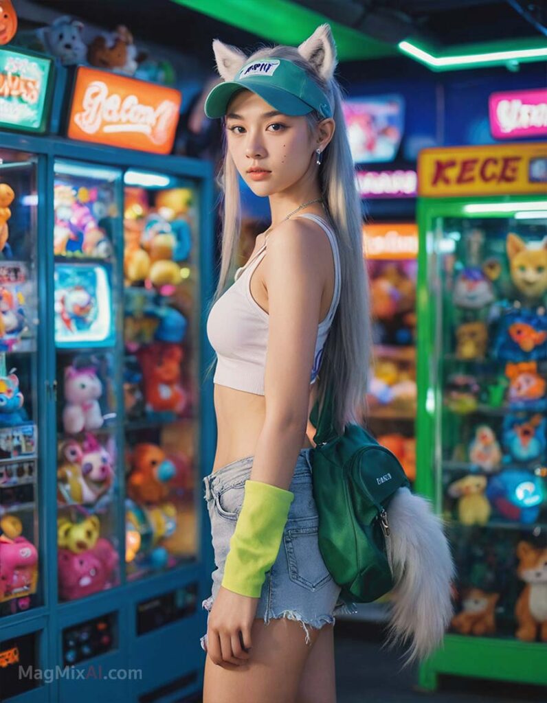 MagMix Girl with long silver hair in a ponytail, wearing a cleavage sporty crop top and arm sleeves