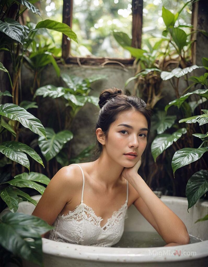 sitting in a vintage bathtub surrounded by lush green plants in a cozy indoor garden