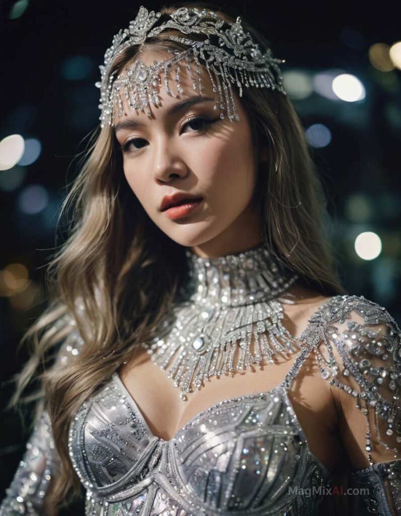 intricate outfit made of sparkling silver crystals that covers part of her face and neck