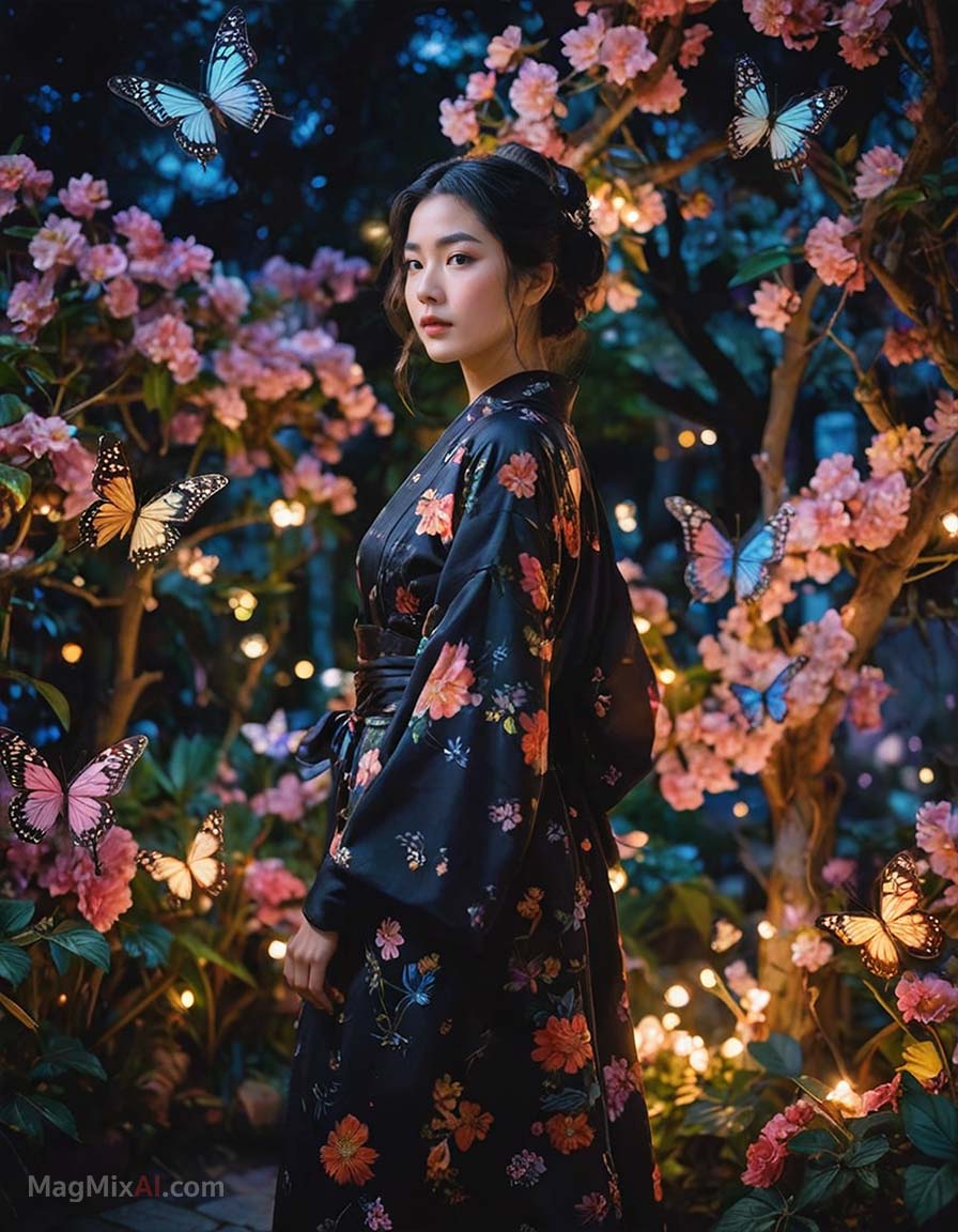 in an enchanted garden at night