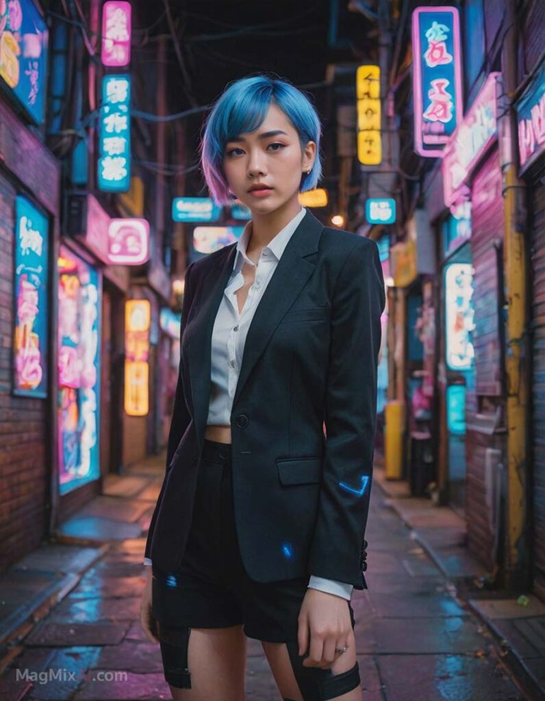 confidently in a vibrant, neon-lit alleyway of a futuristic city