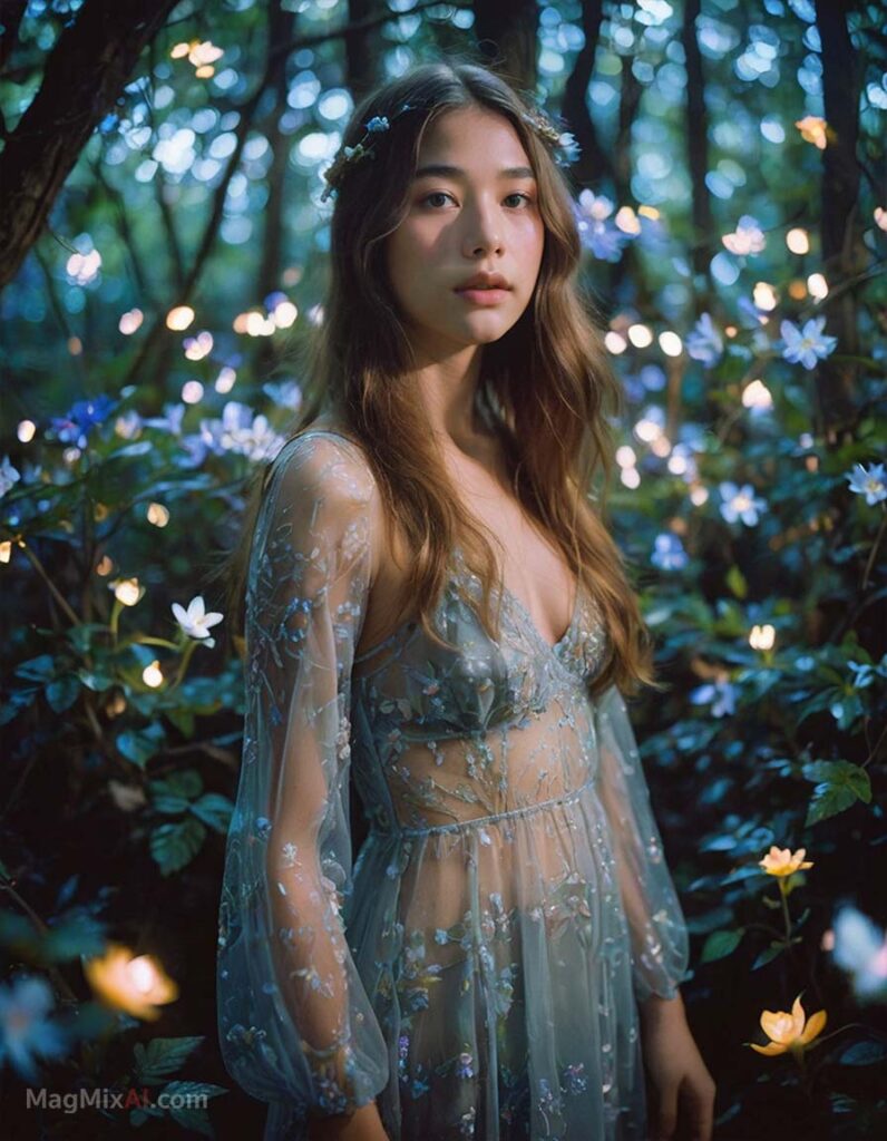 in a mystical forest at night, surrounded by glowing flowers and plants that emit a soft blue light