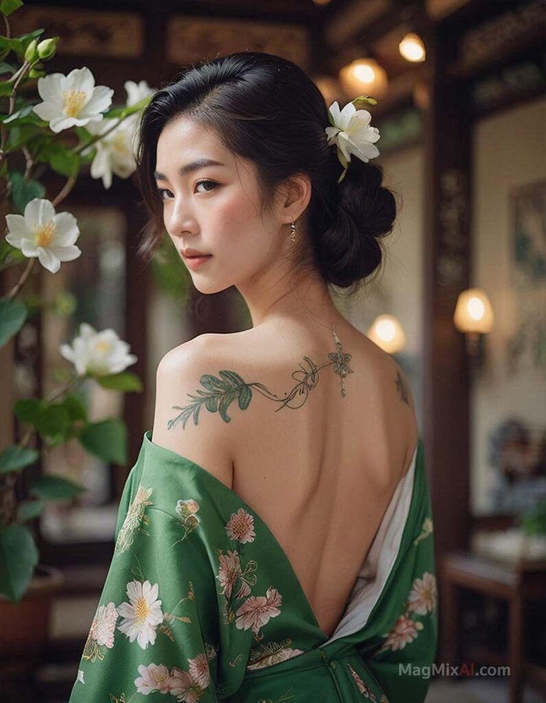 revealing an intricate tattoo on her back