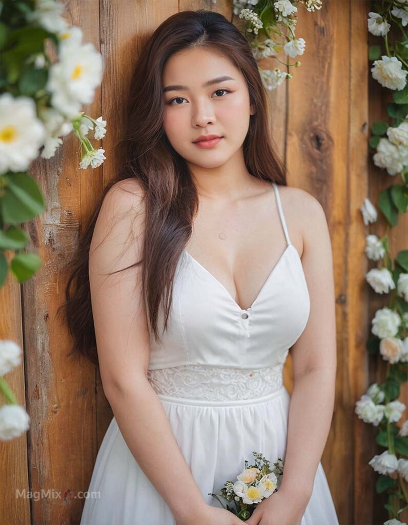 Chubby MagMix Girl look at camera, and sheer white dress