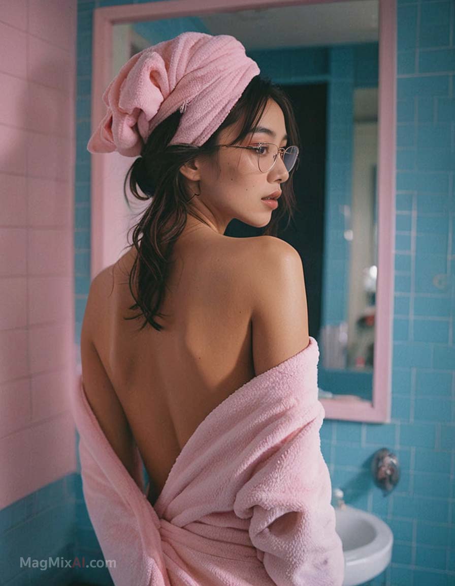 in a blue-tiled bathroom