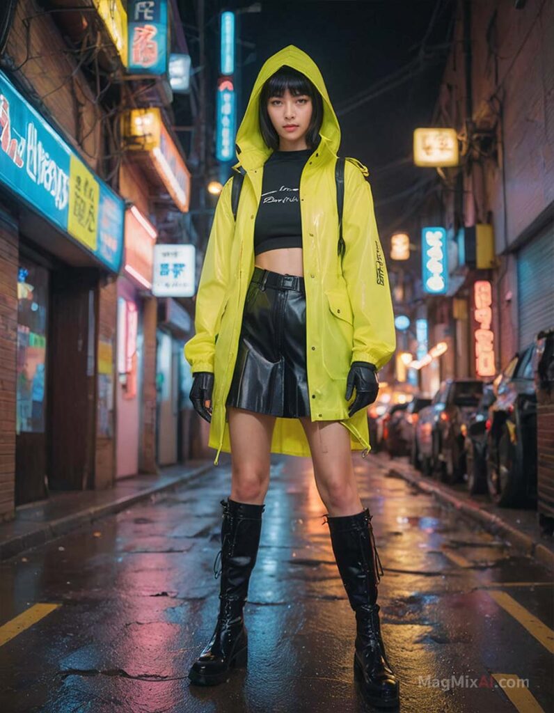 set in a futuristic urban street with neon lights