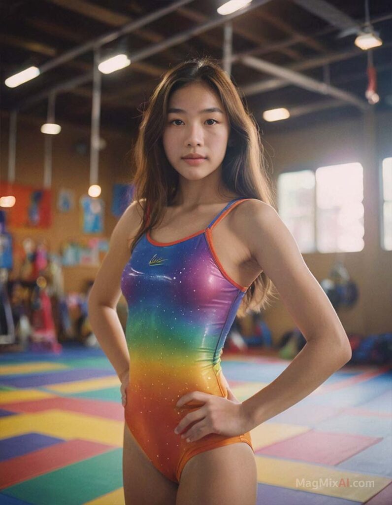 on a mat with gym rings and ropes in the background