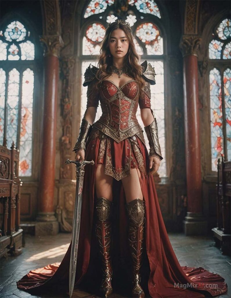 an ornate crimson dress with intricate armor details and thigh-high boots