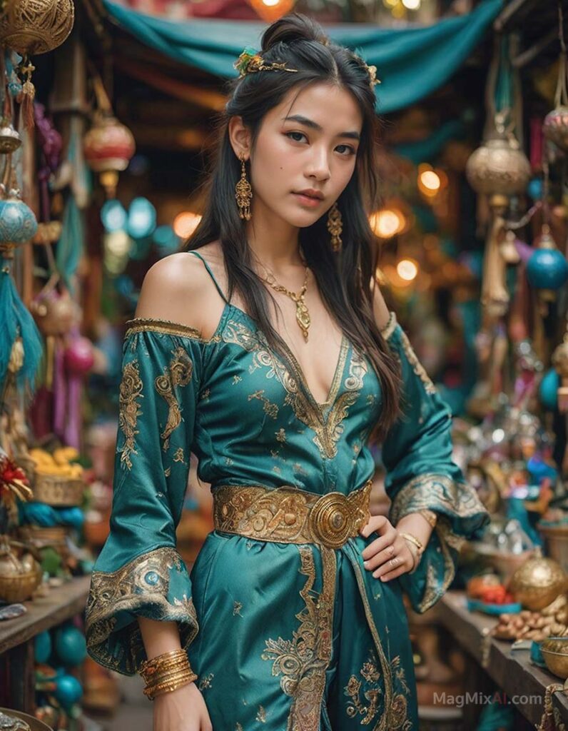 an intricate teal fantasy outfit with gold accents and jewelry