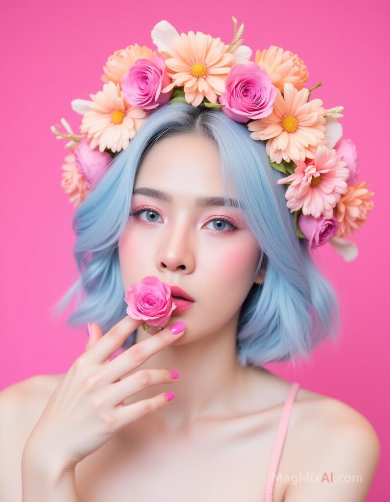 intricate floral crown made of pink and peach-colored flowers