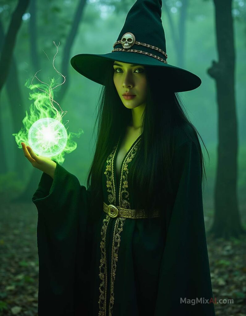 atmospheric fantasy portrait of a powerful sorceress in a dark forest