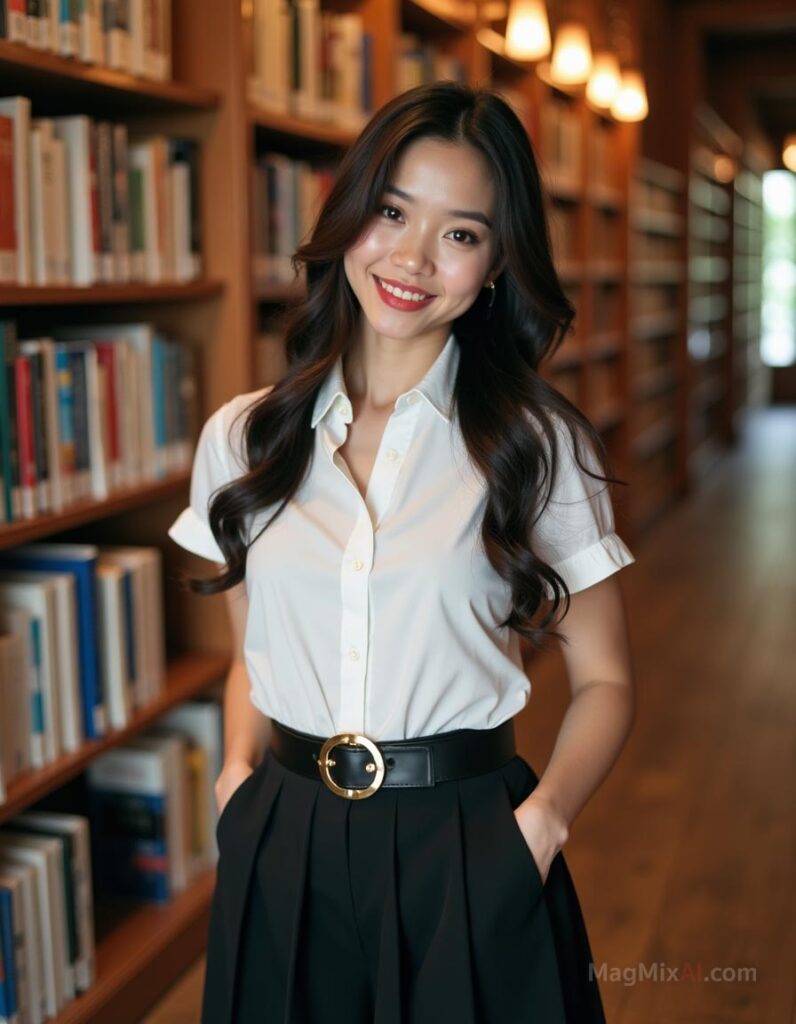 She is wearing a white shirt short sleeves and black pleated skirt