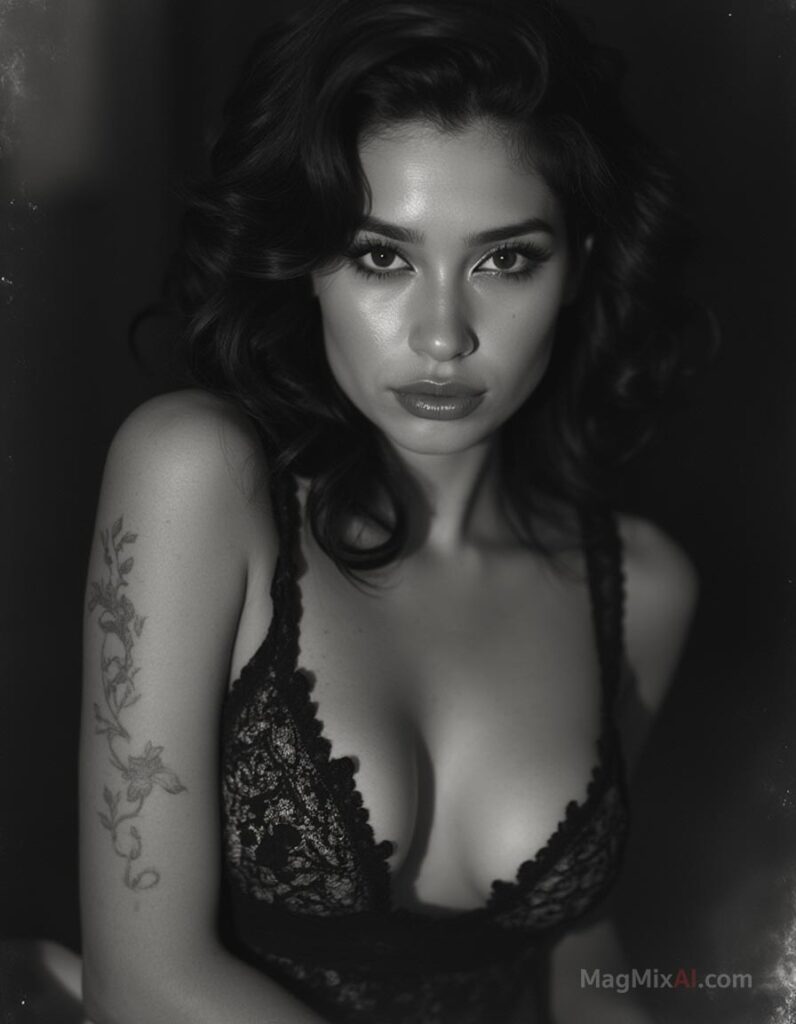 A striking black-and-white portrait of a Thai woman with a captivating gaz