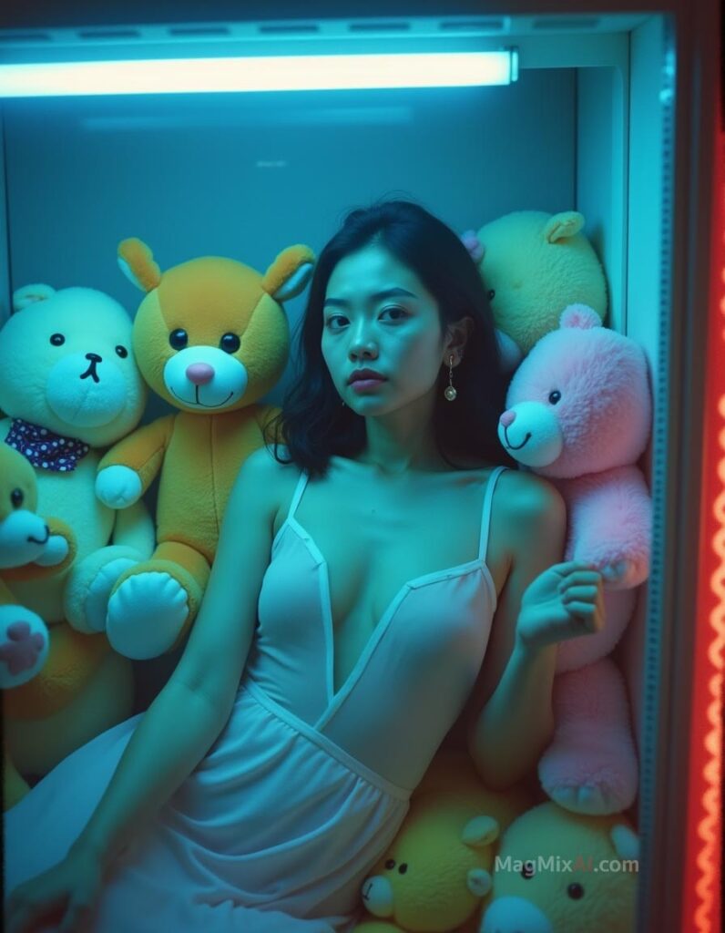 young Thai woman lying inside a brightly lit claw machine filled with plush toys