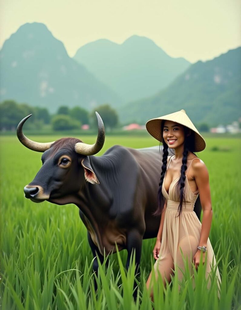 Thai woman standing next to a large water buffalo in a lush