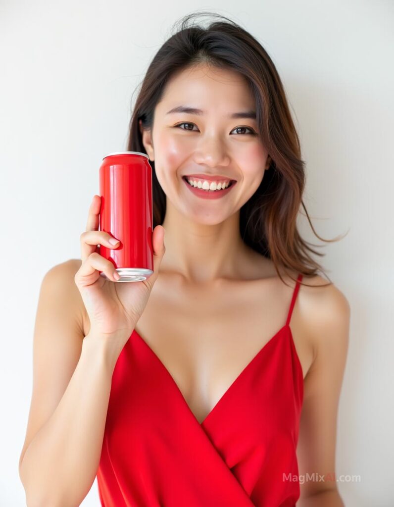 Thai woman holding a red soda can in her hand