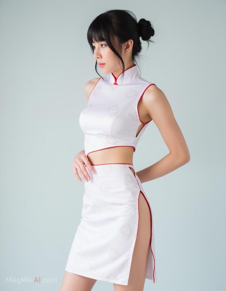 revealing cheongsam-inspired outfit. The dress is white with delicate floral patterns and red trim