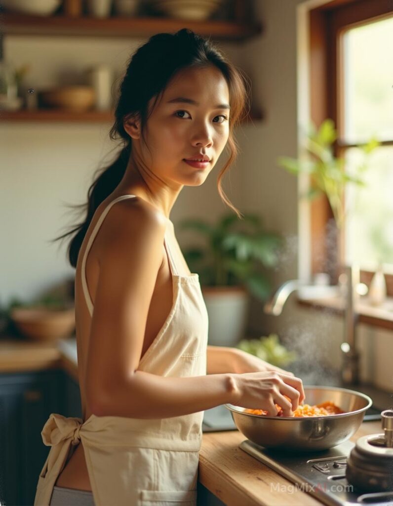 cooking in a sunlit kitchen