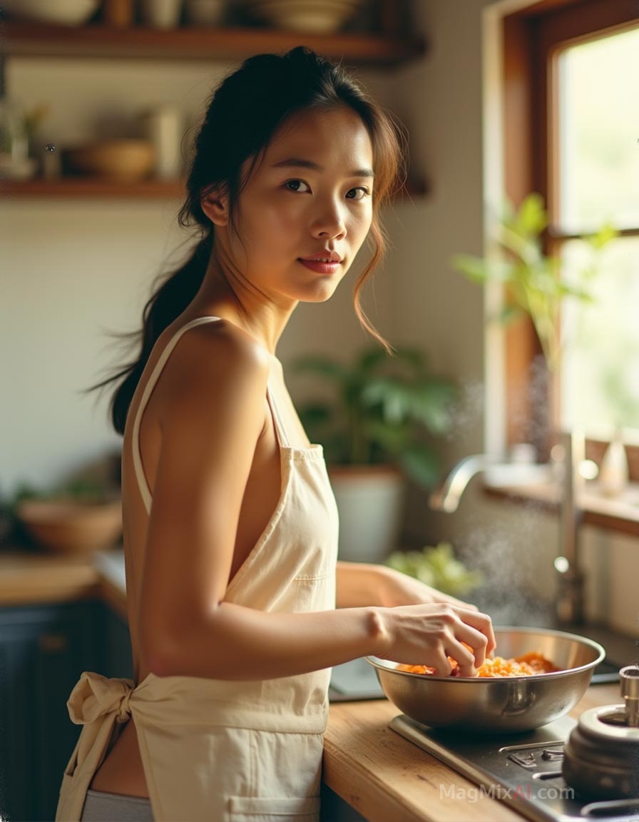 Cooking in a sunlit kitchen