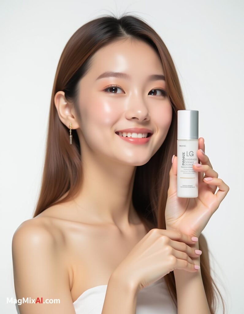 holding a cosmetic product in her hand against a plain white background