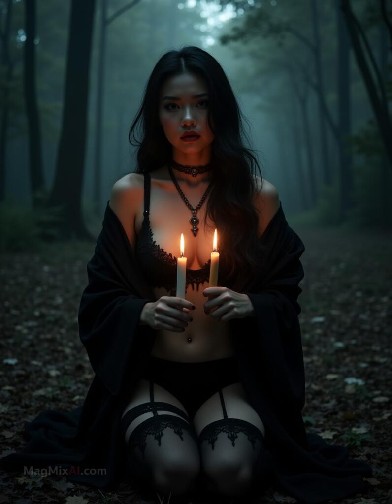 Thai woman seated in a shadowy forest, holding two lit candles in her hands