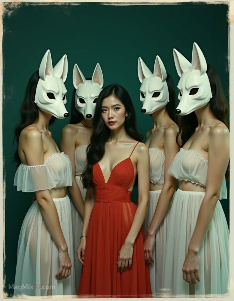 surrounded by four women wearing white, fox-like masks