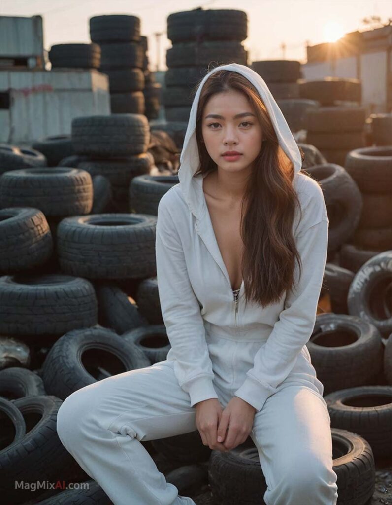 among a pile of old tires in an industrial area