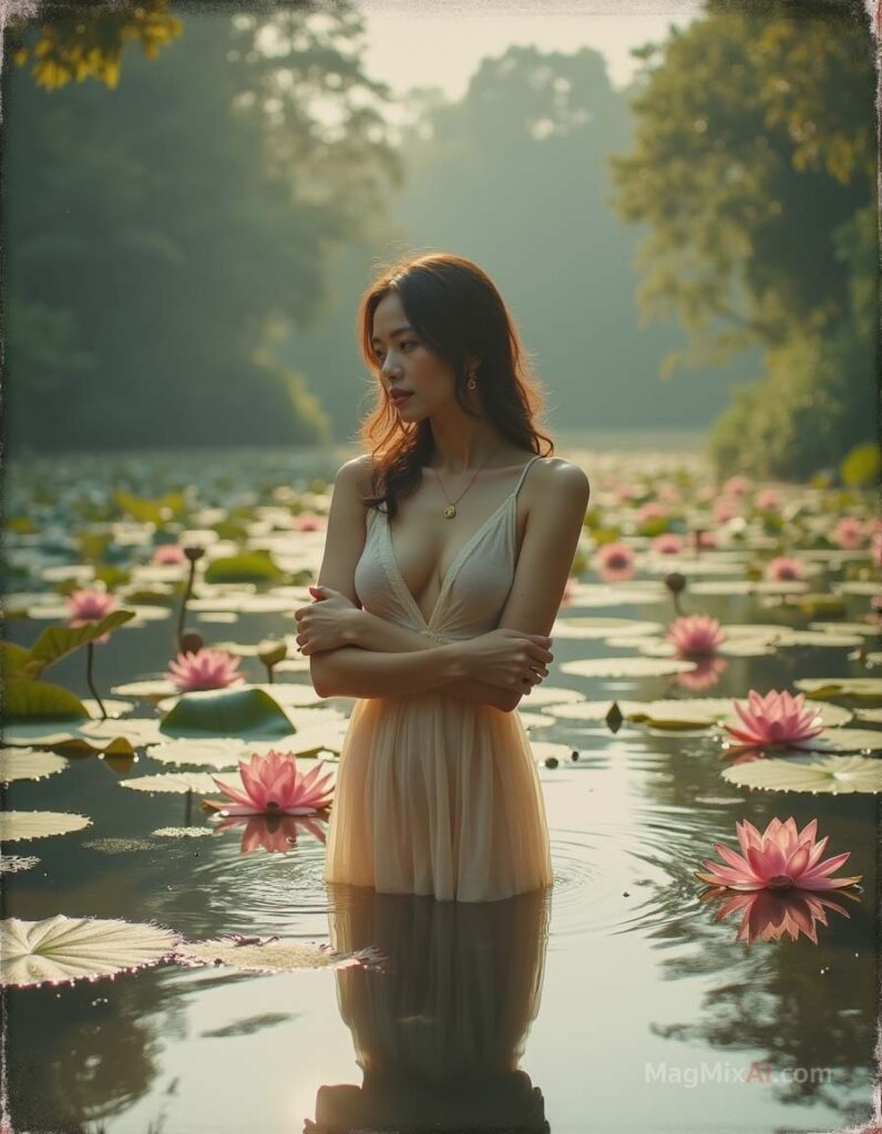 a tranquil pond surrounded by large lily pads and blooming pink lotus flowers