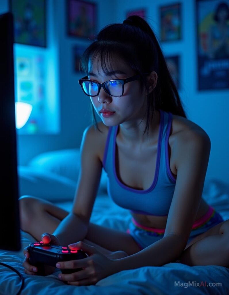 Thai woman sitting on a bed, deeply focused on playing a video game