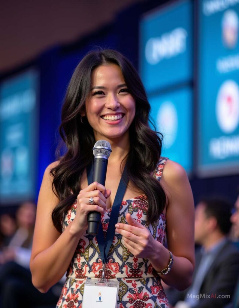 A close-up photo of a confident woman speaking at a conference