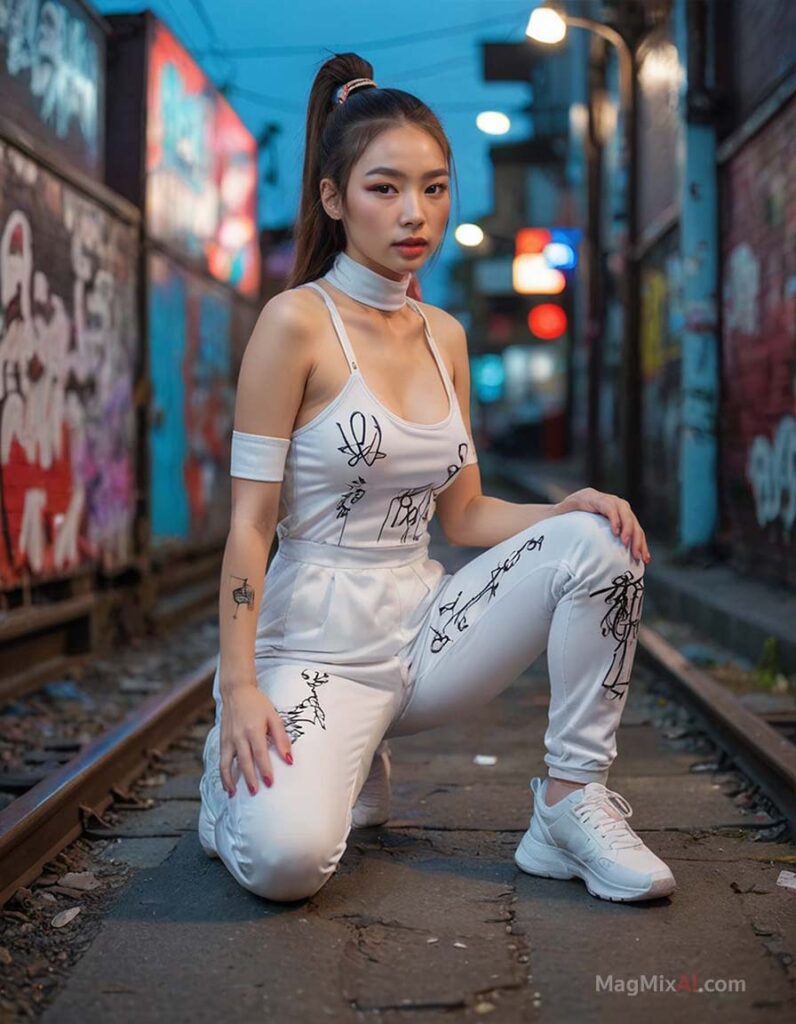 crouching on railway tracks in an urban alleyway