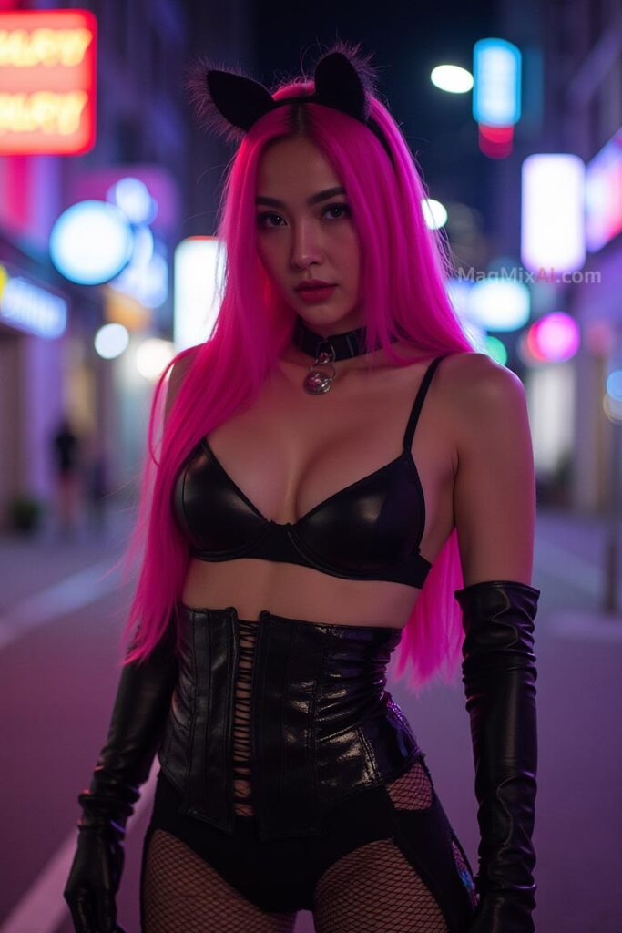 A fierce catgirl with long pink hair, standing confidently in a neon-lit city street at night