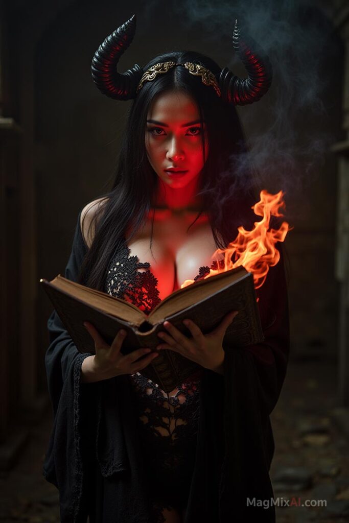 A dark and intense fantasy portrait of a powerful sorceress