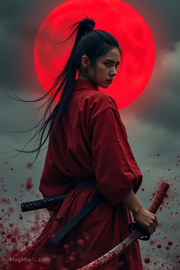 A fierce female samurai stands defiantly under a massive blood-red moon