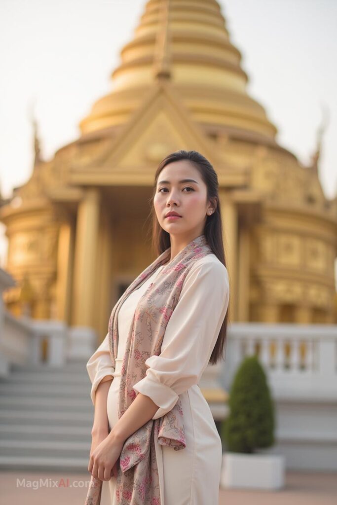 A serene portrait of a woman standing in front of the Grand Palace in Bangkok