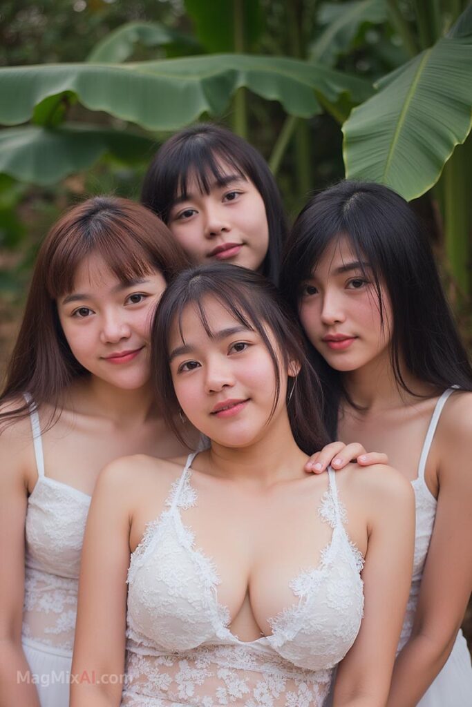 A group portrait of four young Thai women, all smiling warmly and looking directly at the camera