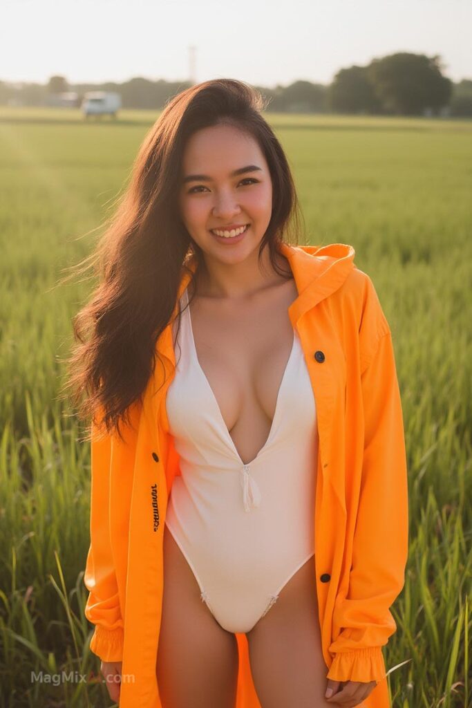 A Thai woman long hair wearing a orange raincoat and cleavage white one piece