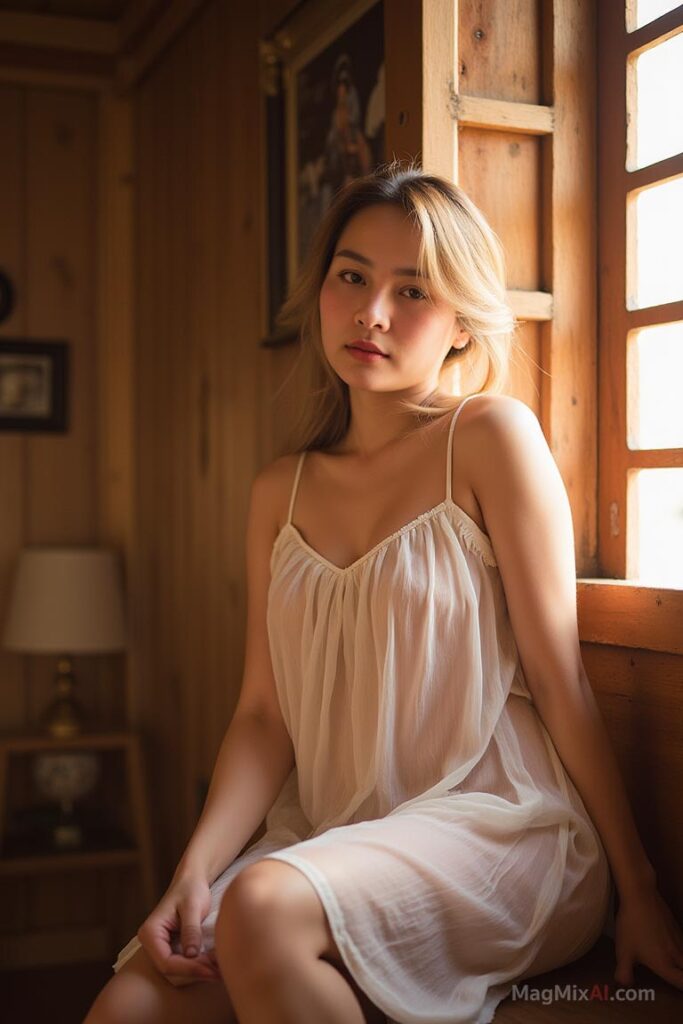 An analog photo of a Thai woman wearing a sheer dress sitting in a traditional wooden house