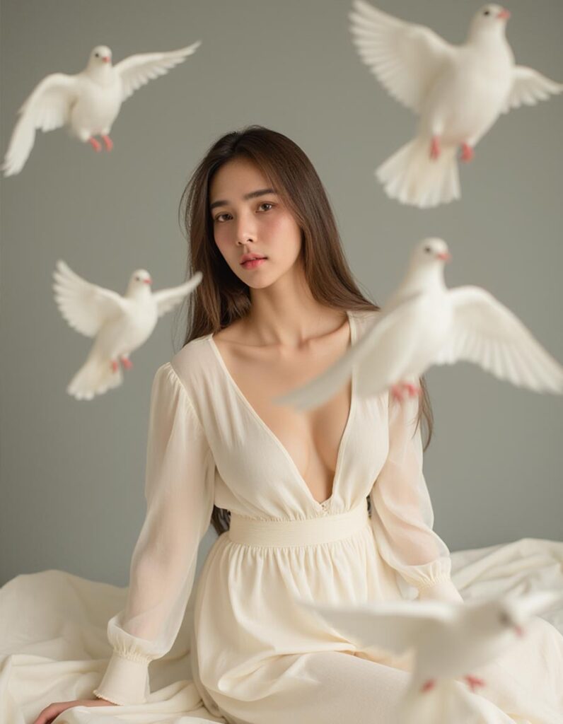 A serene and ethereal portrait of a young woman surrounded by a flock of white doves in flight