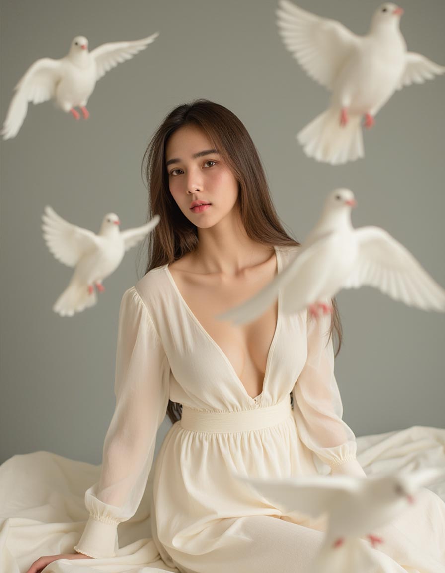 flock of white doves in flight