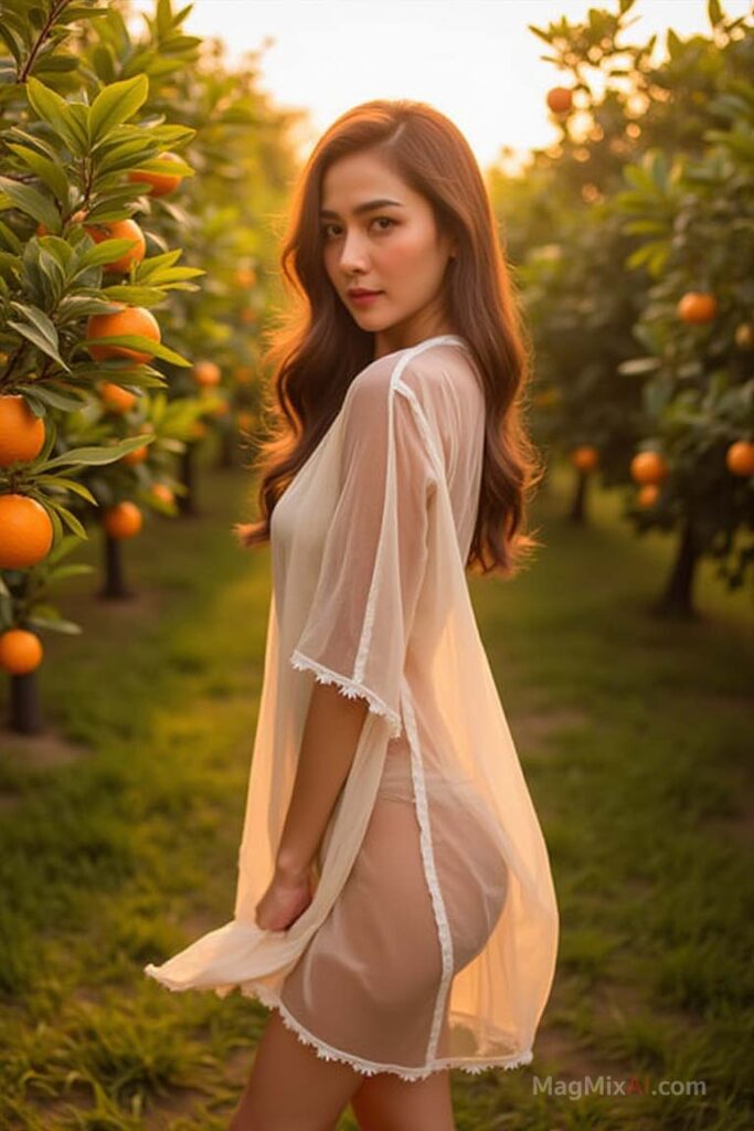 A captivating image of a Thai woman wearing a sheer dress, standing in an orange orchard