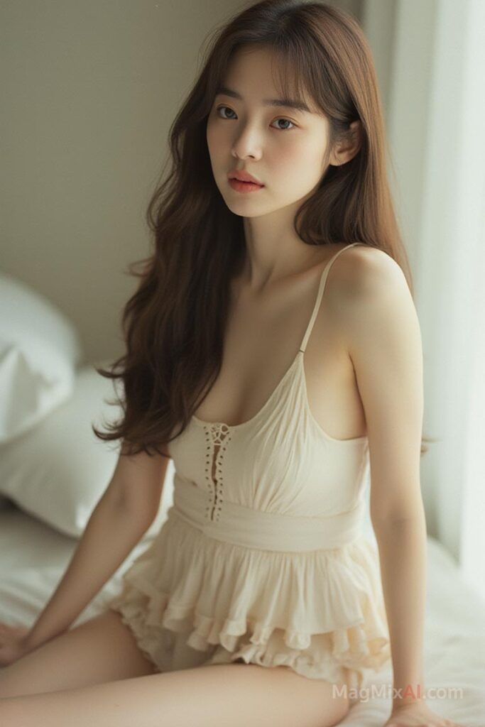 A Korean Woman long hair, sexy pose, dressed in ruffled hem chemise lingerie