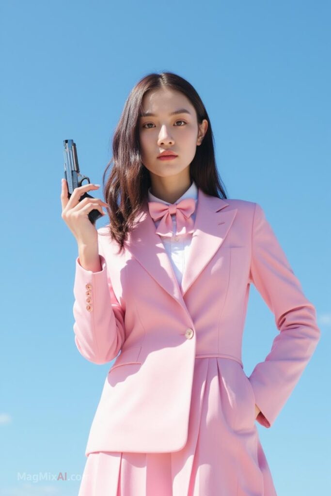 A striking fashion portrait of a young woman in a pastel pink suit