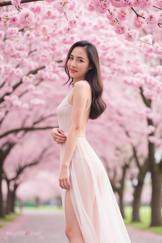 Thai woman in a sheer dress posing under a canopy of blooming pink cherry blossoms