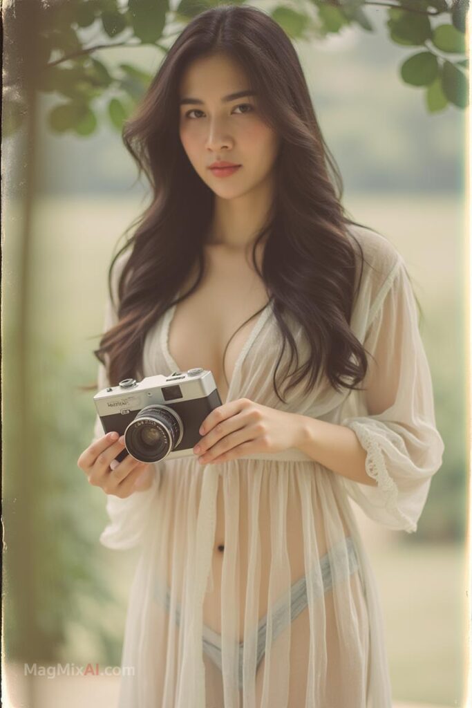 A nostalgic, faded polaroid photo of a long-haired Thai woman wearing a cleavage sheer dress