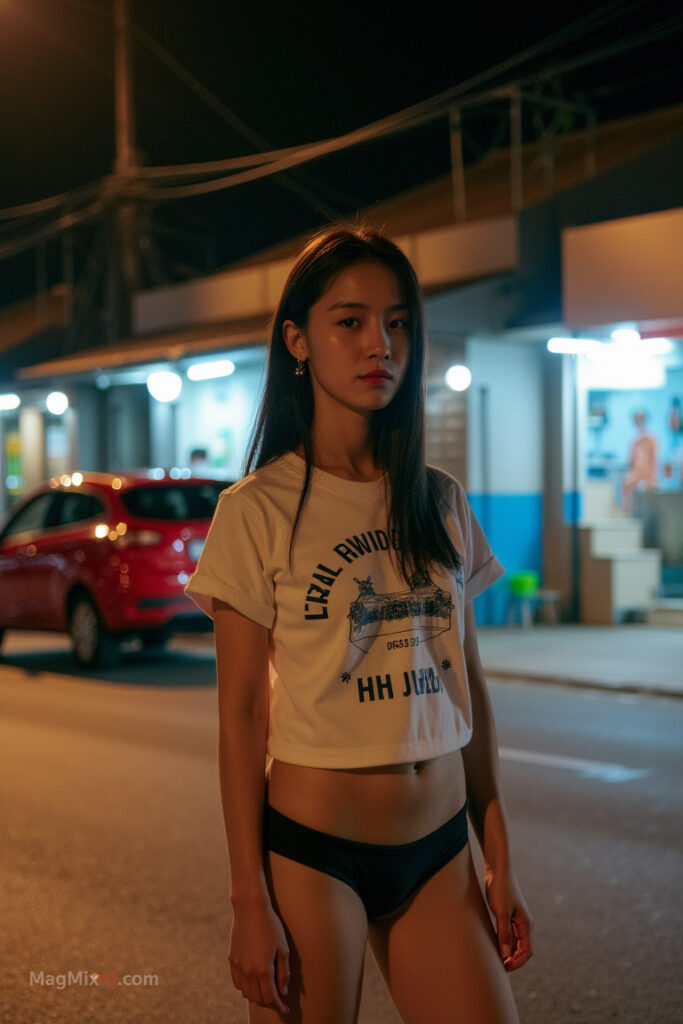 A Thai woman is standing in the foreground, dressed in a t-shirt and underwear. street,